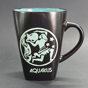 Fisher Zodiac Sign Etched Aquarius Aqua & Black 16 oz 5"T Ceramic Coffee Mug
